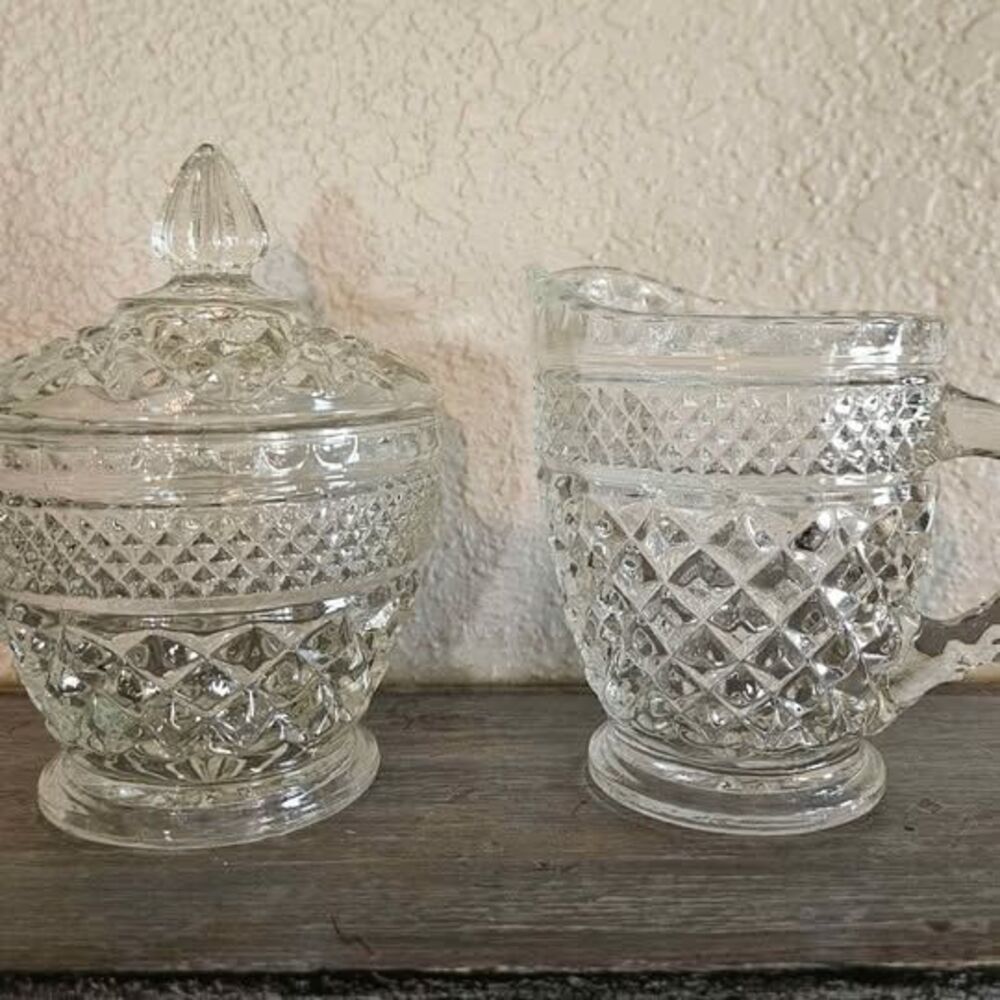 Vintage Anchor Hocking Wexford Glass Sugar Bowl & Creamer Set